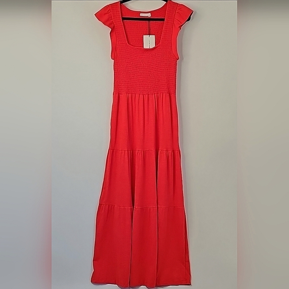 Lucky‎ Brand Red 100% Cotton Peasant Flutter Sleeve Long Maxi Dress